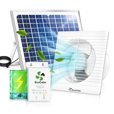 ecoCalm Solar Fan with Battery and Adjustable Thermostat, 8" Solar Powered Fans for Shed with 25W Bifacial Solar Panel & Exhaust Fan for Greenhouse/Outside with Anti-backflow Valve