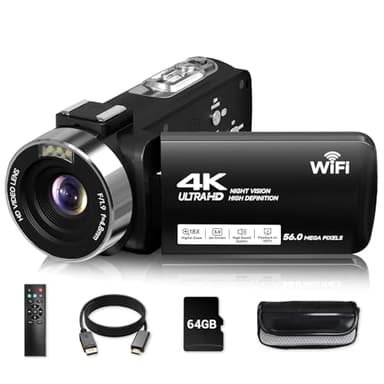 Video Camera, 4K Camcorder 56MP Digital Video Recorder 18X Zoom 3" 270° Rotation Touchscreen IR Night Vision, Wifi Vlogging Camera for YouTube 64GB Card Anti-Shake Remote Control Camera Bag Lens Cap