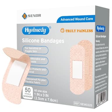 Hysimedy Silicone Adhesive Bandages Small Sizes for Sensitive Fragile Skin 1"x3" 50 Count Flexible Fabric Latex Free Hypoallergenic Breathable Bandages for Adhesive Allergy Wounds