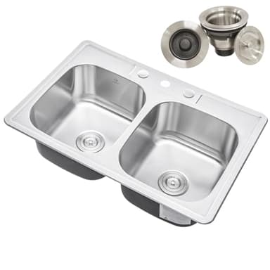 CozyBlock 33 x 22 x 9 Inch 50/50 Top-mount/Drop-in Stainless Steel Double Bowl Kitchen Sink with Strainer - 18 Gauge Stainless Steel-3 Faucet Hole