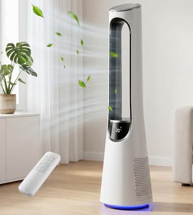 AKIRES 38" Bladeless Tower Fan, Bladeless Fan with 4 Modes, 20 Speeds,120° Oscillating, 5 LED Colors, 12H Timer, Ultra-Quiet DC Motor, Remote Control, Tower Fan for Indoor, Bedroom, Office White