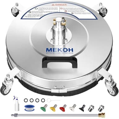 MEKOH 18" Pressure Washer Surface Cleaner 4500 PSI，4 Wheels Stainless Steel Power Washer Attachment for Driveway Sidewalk Patio Concrete Cleaning, 1/4'' Quick-Connect, 1 Extension Wand&5 Spray Nozzles
