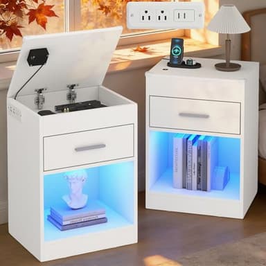 Gyfimoie White Nightstand Set of 2 with Charging Station, LED Night Stand with Drawer Storage & RFID Lock Cabinet, Smart Nightstand for Hidden Compartment, Wooden Modern Bedside Table for Bedroom