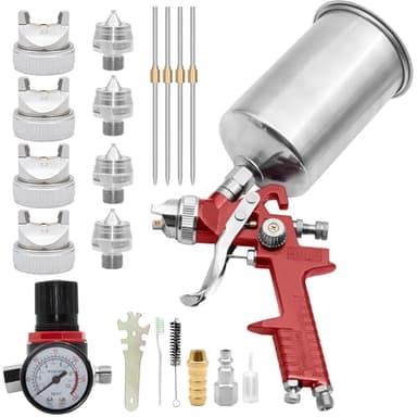 ZOSANY HVLP Gravity Feed Spray Gun, Automotive Air Paint Spray Gun Kit with 1.4, 1.7, 2.0, 2.5mm Nozzles, 1000cc Aluminum Cup, Air Compressor Regulator, Suitable for Auto Paint and Touch Up