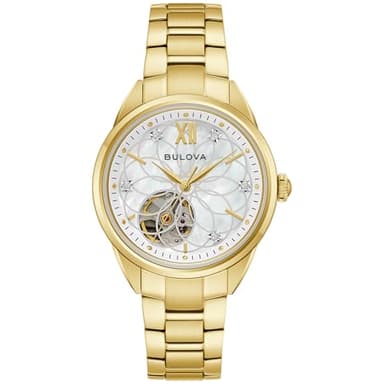 Bulova Ladies Automatic Dress Classic Sutton Watch, Gold-Tone Stainless Steel Bracelet, White Dial, Hack Feature, 42 Hour Power Reserve (Style: 97P182)