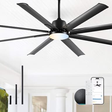 72 lnch lndustrial Smart Celing Fan with Light and Remote Control via WIFI Alexa,Large Celing Fan with 8 Black Aluminum Blades,6 Speed Noiseless DC Motor,Indoor Outdoor Ceiling Fans for Patio Garage