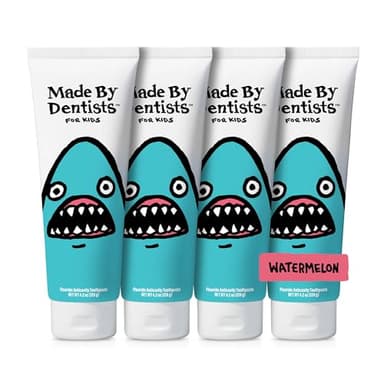 Made by Dentists Kids Fluoride Toothpaste 4-Pack - Anticavity Watermelon Children's Toothpaste, SLS-Free, Enamel Safe, Natural Flavors, Vegan & Cruelty-Free, Toddler & Kids Ages 2+, Shark