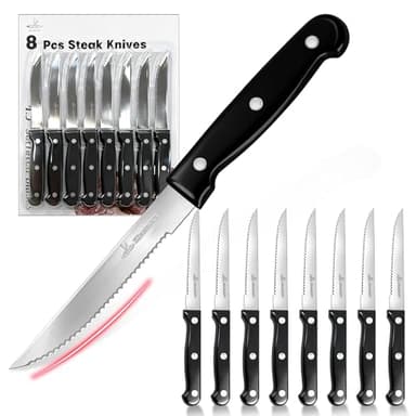 Upgraded Steak Knives Set of 8, Uncoated Stainless Steel Serrated Steak Knife Set, 4.5 Inch Steak Knife with Ergonomic Handle and Sharp Blades, Dishwasher Safe Dinner Knives for Kitchen, Restaurant
