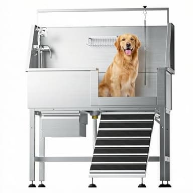 46" Heavy Duty Dog Washing Station - 304 Stainless Steel Pet Bathing Tub with Right Side Ramp, Elevated Grooming Sink with Storage Drawer & Removable Floor Grate, Outdoor Ready for Large & Medium Dogs