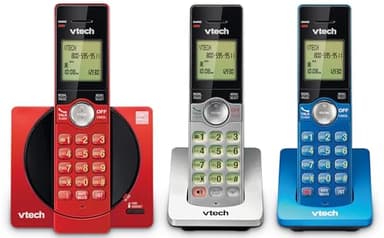 VTech 3-Handset Cordless Phone for Home with Caller ID/Call Waiting, Landline Phones, Illuminated Keypad, Full Duplex Speakerphone, ECO & Quiet Mode, Wall Mount | CS6919-3A (Red/Blue/Grey)