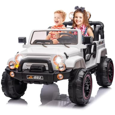 2 Seater Ride On Truck and Car Cover, 12V Children's Electric Car with Parental Remote Control, Music, Bluetooth, MP3 Player, LED Lights, Spring Suspension, White