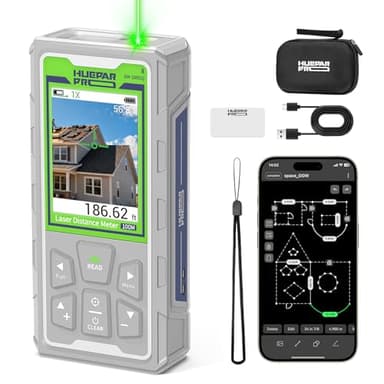 Huepar Pro Laser Measuring Tool, 330Ft Outdoor Laser Measure with Camera & Bluetooth Connected, Laser Distance Meter with P2P Technology, Free APP, IP68, Micro USB Cable, Hand Strap & Pouch -SW-100GQ