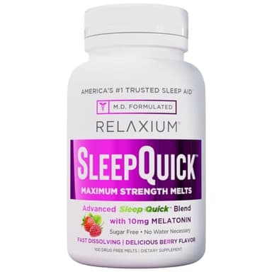 Relaxium Sleep Quick Maximum Strength Melts, Fast Acting Sleep Aid with 10 mg Melatonin, Drug Free Dietary Supplement, Vegan, Gluten Free, Made in USA, 100 Servings, Berry Flavor
