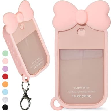ULTRASKINX Silicone Bow Case Compatible with Touchland Hand Sanitizer Spray 1 oz (30 mL), Cute Holder with Keychain Clip, Gift for Girls (Blush Pink)