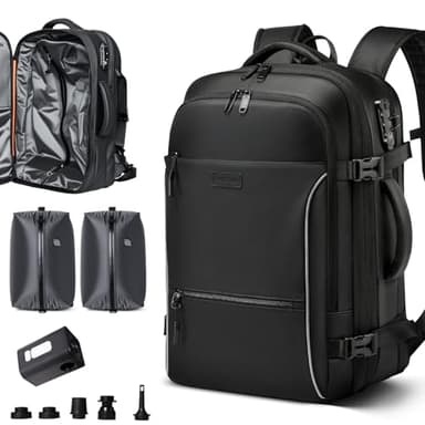FIROVIAN Vacuum Backpack Travel, 70L Expandable Carry On Backpack With Compression System, 2 Detachable TPU Vacuum Bags, TSA Lock, Water-Resistant, Fits 16" Laptop for Business & Travel