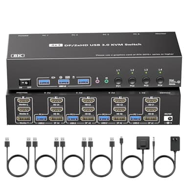 KVM Switch 3 Monitors 4 Computers with Audio, HDMI + DisplayPort 8K@30Hz/4k@144Hz DP KVM Switcher, USB 3.0 KVM Switches for 4 PC Share 3 Display, Suitable for Office/Work from Home, Programmer Setup