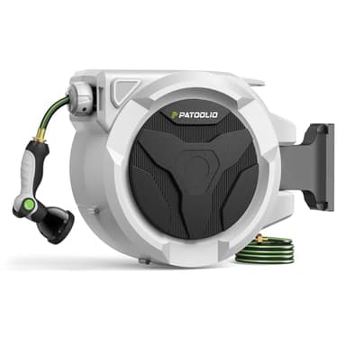 Retractable Garden Hose Reel 100ft, 1/2'' Wall Mounted Water Hose Reel Heavy Duty with 10 Pattern Nozzle, Slow Auto Rewind, Any Length Lock, 180° Swivel Bracket