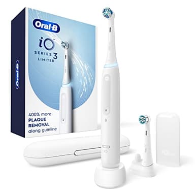 Oral-B iO Deep Clean Rechargeable Electric Toothbrush, White, iO Series 3 Limited, 2 Brush Heads, Travel Case, Pressure Sensor, 3 Cleaning Settings, 2-Minute Timer
