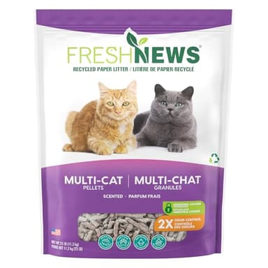 Fresh News Recycled Paper Multi-Cat Pellet Non-Clumping Paper Cat Litter, 25 Pound, 2X Odor Control, Made in USA