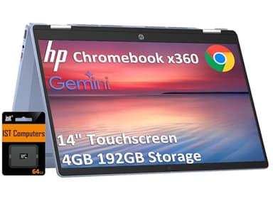 HP Chromebook x360 14 2-in-1 Touchscreen Laptop (14" HD, Intel N200, 4GB RAM, 192GB Storage (128GB SSD+64GB SD Card)) for Home, Students, HD Webcam, Wi-Fi 6, Long Battery Life, Chrome OS, Sky Blue