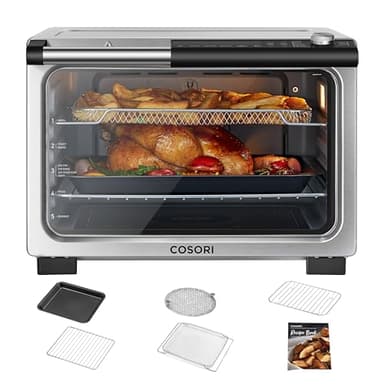 COSORI 11-in-1 Ceramic Air Fryer Toaster Oven Combo, Flat-Sealed Heating Elements for Easy Cleanup, Innovative Burner Function, 5 Accessories & Recipes, 26QT, Silver, Stainless Steel