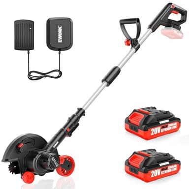 EWORK 20V Cordless Lawn Edger with 2 Batteries & Charger, Battery Powered Edger Lawn with 9" Metal Blade, 4 Adjustable Depth, Adjustable Handle, Dual Wheels, for Lawns, Driveways, Sidewalk Edges Red