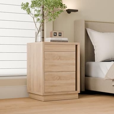 MOUMON Nightstand with Hidden Storage & NFC Lock, Bedside Table End Table with 3 Drawers, Pop-up Design, for Living Room Oak 23.6”W x 19.7”D x 31.5”H