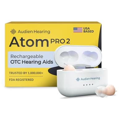 Audien Atom Pro 2 Hearing Aid - Wireless Rechargeable OTC Hearing Aids for Seniors & Adults, Nearly Invisible, Premium Comfort Design