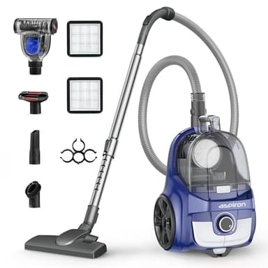 Aspiron Canister Vacuum, Upgraded 1600W Bagless Canister Vacuum Cleaner, Auto Cord Rewind, H13 HEPA Filter, 4Qt Large Capacity, 5 Tools for Hard Floors, Carpet, Pet, Upholstery, Tiles, Azure