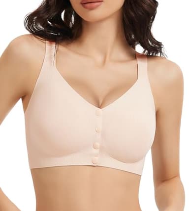Gailife V Neck Front Closure Bras for Women Wireless Full Coverage Mastectomy Bralettes Comfortable Seamless Everyday Bra, Skin, L