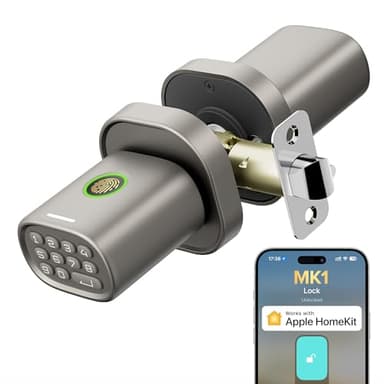 ThorBolt HomeKit Lock Over 𝗧𝗛𝗥𝗘𝗔𝗗 Smart Fingerprint Lock with Keypad Door Knob, HomeKit Hub 𝗥𝗲𝗾𝘂𝗶𝗿𝗲𝗱, 𝗶𝗢𝗦 𝗢𝗡𝗟𝗬 for Interior Door, Bedroom, Office, MK1 Titanium