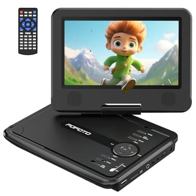POFOTO 9.5" Portable DVD Player for Kids and Car with 7.5" Swivel Screen, 4-6 Hour Working Time, Car DVD Player with Dual Speakers, Remote Control, Support Sync TV, Region Free USB/SD/AV- Black