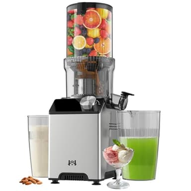 WHUTO Cold Press Juicer, Wide Feed Chute Juicer Machines, Stainless Steel Slow Masticating Juicers Easy to Clean, Vegetables & Fruits Juice Extractor, High Juice Yield, Silver Knob