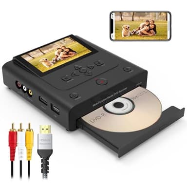 VHS to DVD Recorder, VCR to DVD Recorder-Convert Photos and Videos Between VHS,VCR,Memory Card，DVD and USB. Phone can use a Free app to Burn Videos and Photos, Also has TV Recording Function