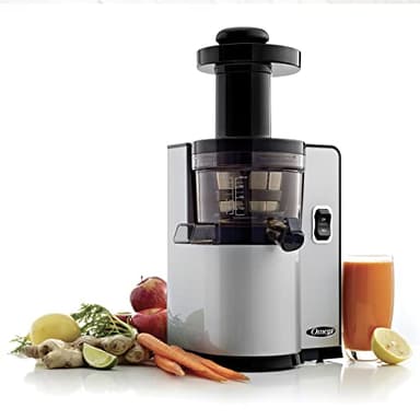 Omega Juicer Cold Press Vertical 43 RPM Slow Masticating Compact Juice Extractor for Fruits and Vegetables Quiet Operation with 3 Stage Auger Automatic Pulp Ejection and No-Drip Tap, 150-Watts, Silver