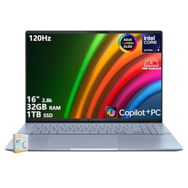 ASUS Vivobook S16 AI PC Laptop | 16" 2.8k OLED 120Hz | Intel Core Ultra 9 285H | 32GB RAM 1TB SSD | RGB Backlit for Creator Designer Business Professional Win11 w/DLCA Accessory