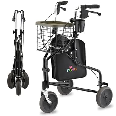 NOVA Traveler Folding 3-Wheel Walker with Tray, Basket, Pouch & Cup Holder, Lightweight Mobility Aid for Seniors & Adults, 8” All-Terrain Wheels for Tight Spaces & Travel, Black