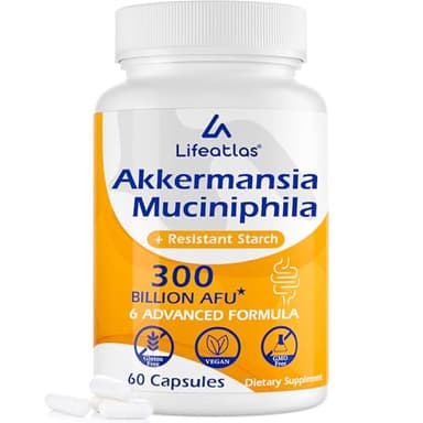 Lifeatlas Akkermansia Supplement Probiotic | Akkermansia with 300 Billion AFU Akkermansia Probiotic, 6-in-1 Akkermansia Probiotics for Women and Men, Daily Akkermansia Supplement, 60 Caps