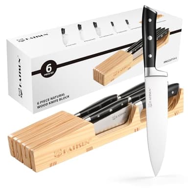 KATISUN Kitchen Knife Set, 6 Pieces Knife Block Sets with Bamboo Knives Drawer Organizer, Perfect for Home and Chefs, Premium Knife Holder, Slots for 5 Knives Kitchen Drawer, Counter Top