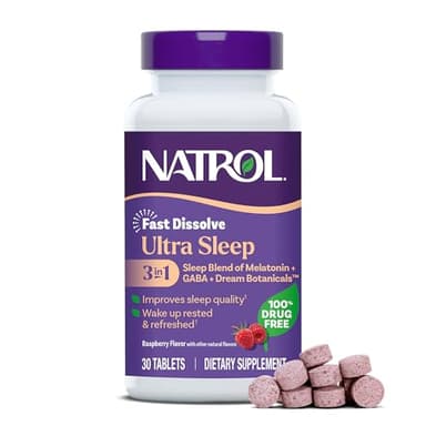 Natrol Ultra Sleep 3-in-1 100% Drug-Free Sleep Aid Blend with Melatonin, GABA & Botanicals, Dietary Supplement, Non-Habit Forming, 30 Fast Dissolve Tablets