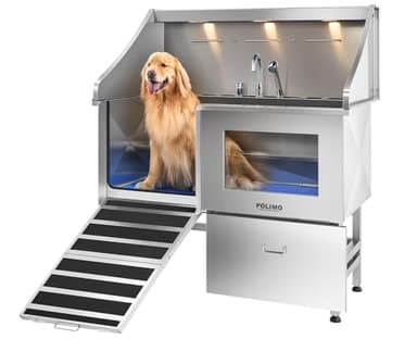POLIMO Dog Washing Station, LED Professional Stainless Steel Dog Bathing Station 50", Dog Grooming Tub for Large, Medium & Small Dog - with Window, Ramp, Drawer, Floor Grate & Faucet (Left Ramp, 50")