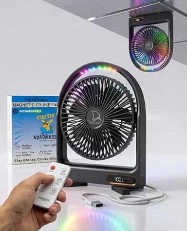 Magnetic Cruise Fan with Remote Control - Durable Rechargeable Battery, Multi-Color RGB LED Light, Sleep-Friendly Smart Display & Timer, Magnetically Sticks on Cabin Ceilings and Walls - Easy to Pack