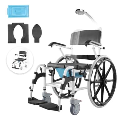 VEVOR Shower Wheelchair, 17.5in Width Aluminum Alloy Bathroom Wheelchair for Inside Shower, Adjustable Rolling Shower Chair w/Brake for Disabled Adult, 300 lbs Capacity Shower Commode Transport Chair
