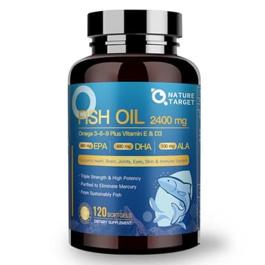 NATURE TARGET Triple Omega 3 6 9, Fish Oil 2400mg Softgels with Vitamin D3 & E - EPA & DHA & ALA - Supports Heart, Brain, Joint & Immune Health, Sustainably Sourced, Non-GMO