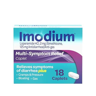 Imodium Multi-Symptom Relief Caplets, Loperamide Hydrochloride & Simethicone Anti-Diarrheal Medicine for The Relief of Diarrhea, Gas, Bloating, Cramps & Pressure, HSA/FSA Eligible, 18 ct
