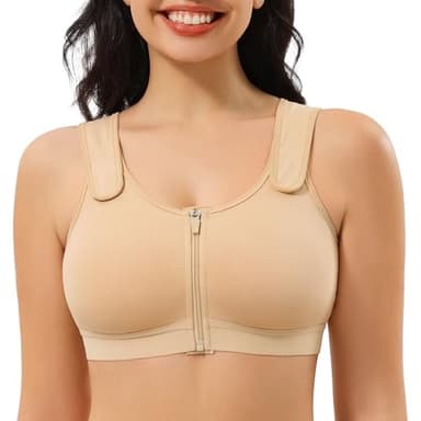 CYDREAM Zip Front Closure Wireless Bras for Women Full Coverage Post Surgery Compression Back Smoothing Comfort Adjustable (US, Alpha, Small, Regular, Regular, Beige)
