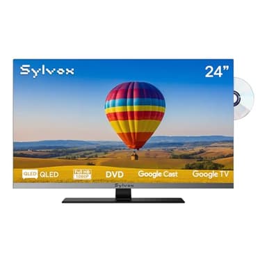 SYLVOX 24" 12V/24V Smart RV TV with Google TV & Built-in DVD Player, Frameless 1080P Full HD QLED Display, Shock-Resistant, Wide Voltage Support (9–32V), Voice Control Remote (Limo QLED Series)