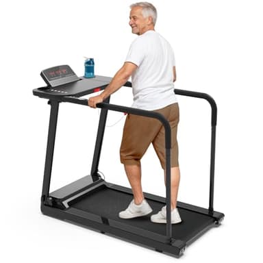 Redliro Treadmill for Seniors with Long Handrails - Recovery Machine for Walking 300 lbs Weight Capacity - Walking Treadmill Elderly with Desk & Cup Holder, Mother's Day(Glossy Black)