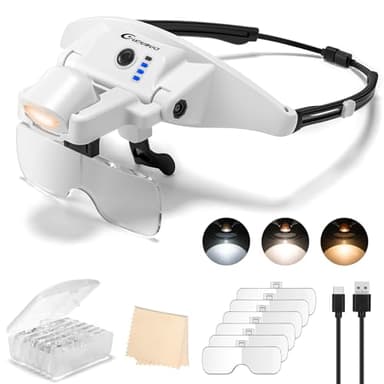 GUOUBUO Magnifying Glass with Light, 1X-4X Magnifying Glasses, Rechargeable Magnifier Headset with Magnetic Headband, Detachable 6 Lenses, 3 Light Modes Magnify Glasses for Close Work Crafts Sewing