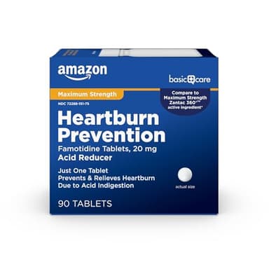 Amazon Basic Care Maximum Strength Famotidine 20mg Tablets, Acid Reducer, Heartburn Prevention and Relief, Acid Reflux, 90 Count